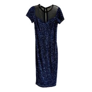 Pamella Roland Sequin Cocktail Midi Dress Illusion Neckline NWT